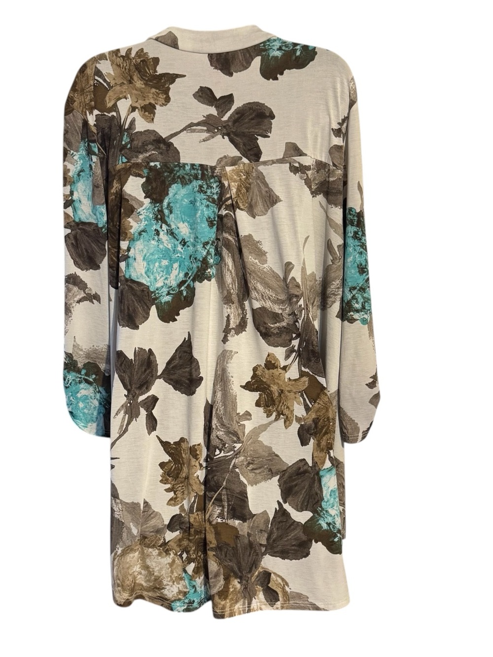 Floral V-Neck 3/4 Sleeves Top in Teal, Brown & Cream CURVY/PLUS #11 - Picture 5 of 6